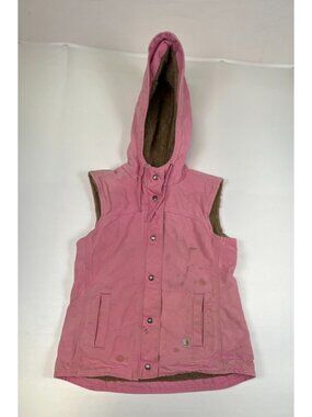 Carhartt Women's XS Pink Sherpa Lined Hooded Canvas Workwear Vest Distressed